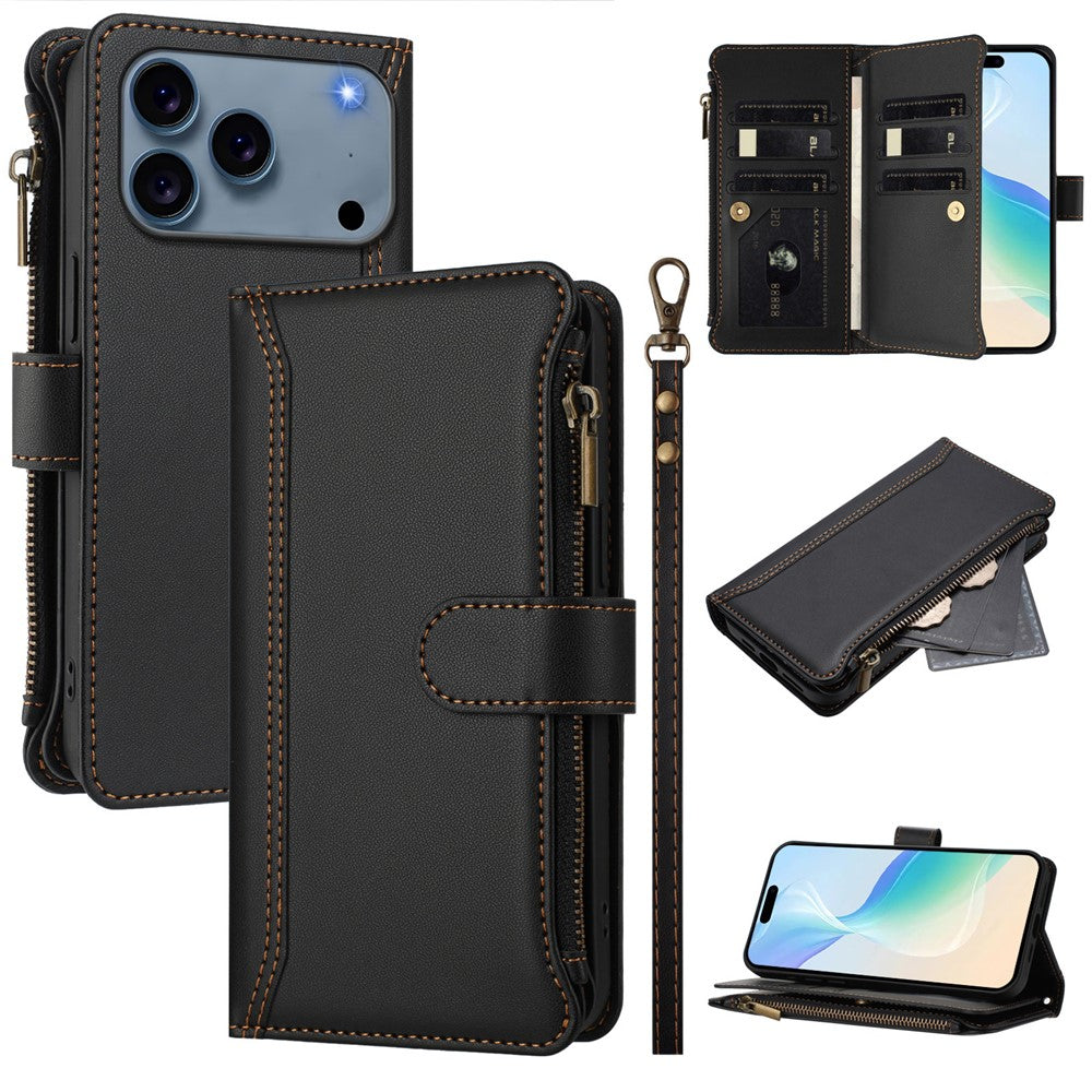 For iPhone 17 Pro Max Leather Case 9 Card Slots Zipper Wallet Stand Phone Cover with Wrist Strap - Black