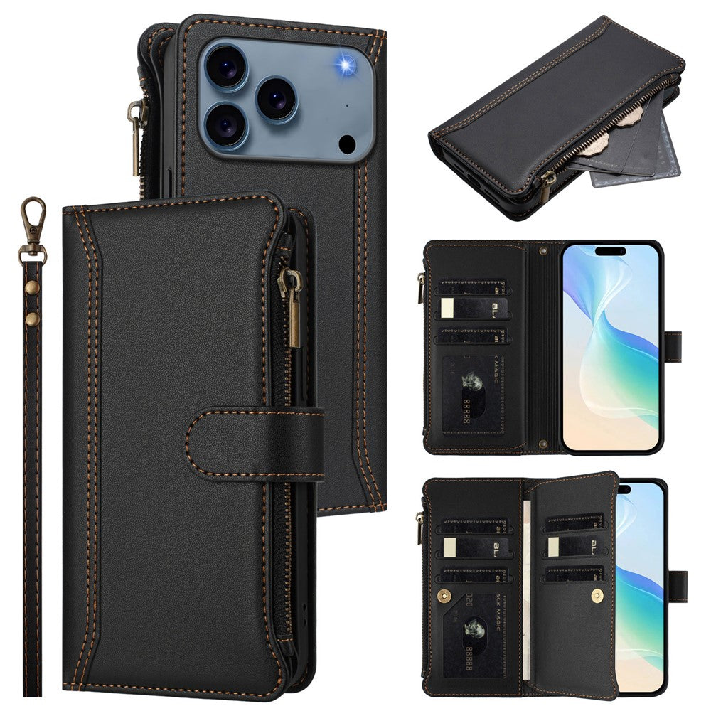 For iPhone 17 Pro Max Leather Case 9 Card Slots Zipper Wallet Stand Phone Cover with Wrist Strap - Black