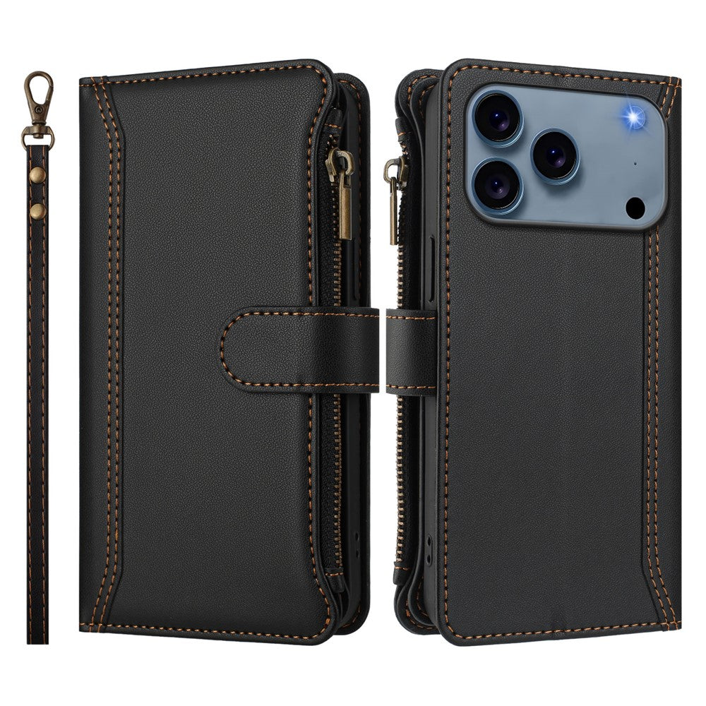For iPhone 17 Pro Max Leather Case 9 Card Slots Zipper Wallet Stand Phone Cover with Wrist Strap - Black