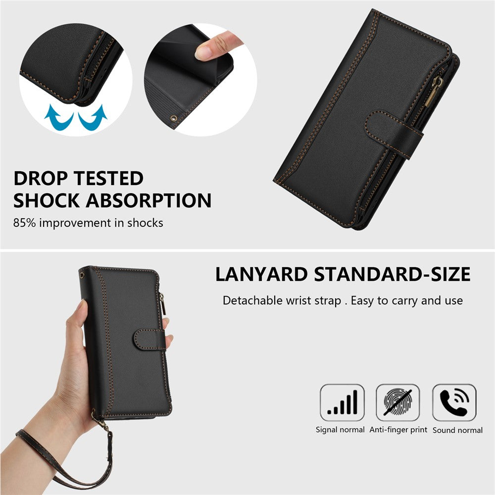 For iPhone 17 Pro Max Leather Case 9 Card Slots Zipper Wallet Stand Phone Cover with Wrist Strap - Black