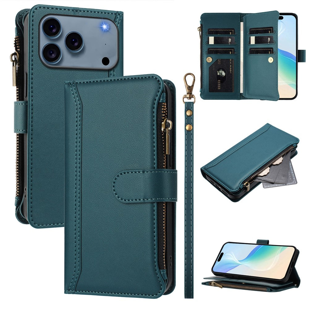 For iPhone 17 Pro Max Leather Case 9 Card Slots Zipper Wallet Stand Phone Cover with Wrist Strap - Dark Green