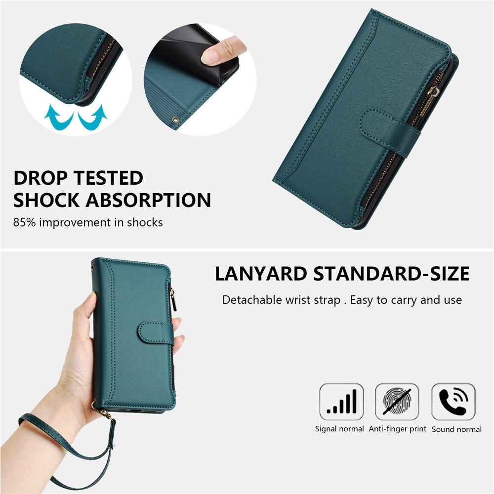 For iPhone 17 Pro Max Leather Case 9 Card Slots Zipper Wallet Stand Phone Cover with Wrist Strap - Dark Green