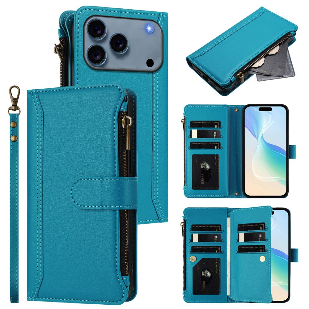 For iPhone 17 Pro Max Leather Case 9 Card Slots Zipper Wallet Stand Phone Cover with Wrist Strap - Lake Blue