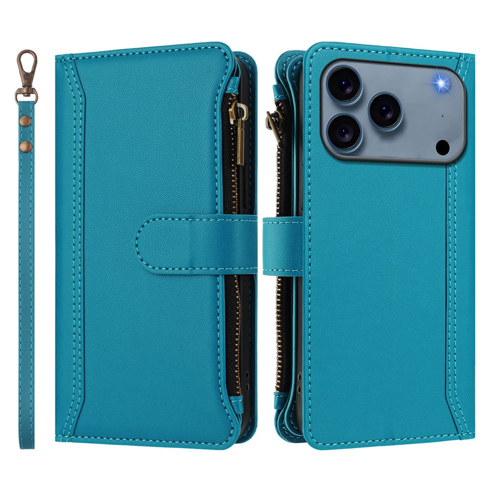 For iPhone 17 Pro Max Leather Case 9 Card Slots Zipper Wallet Stand Phone Cover with Wrist Strap - Lake Blue