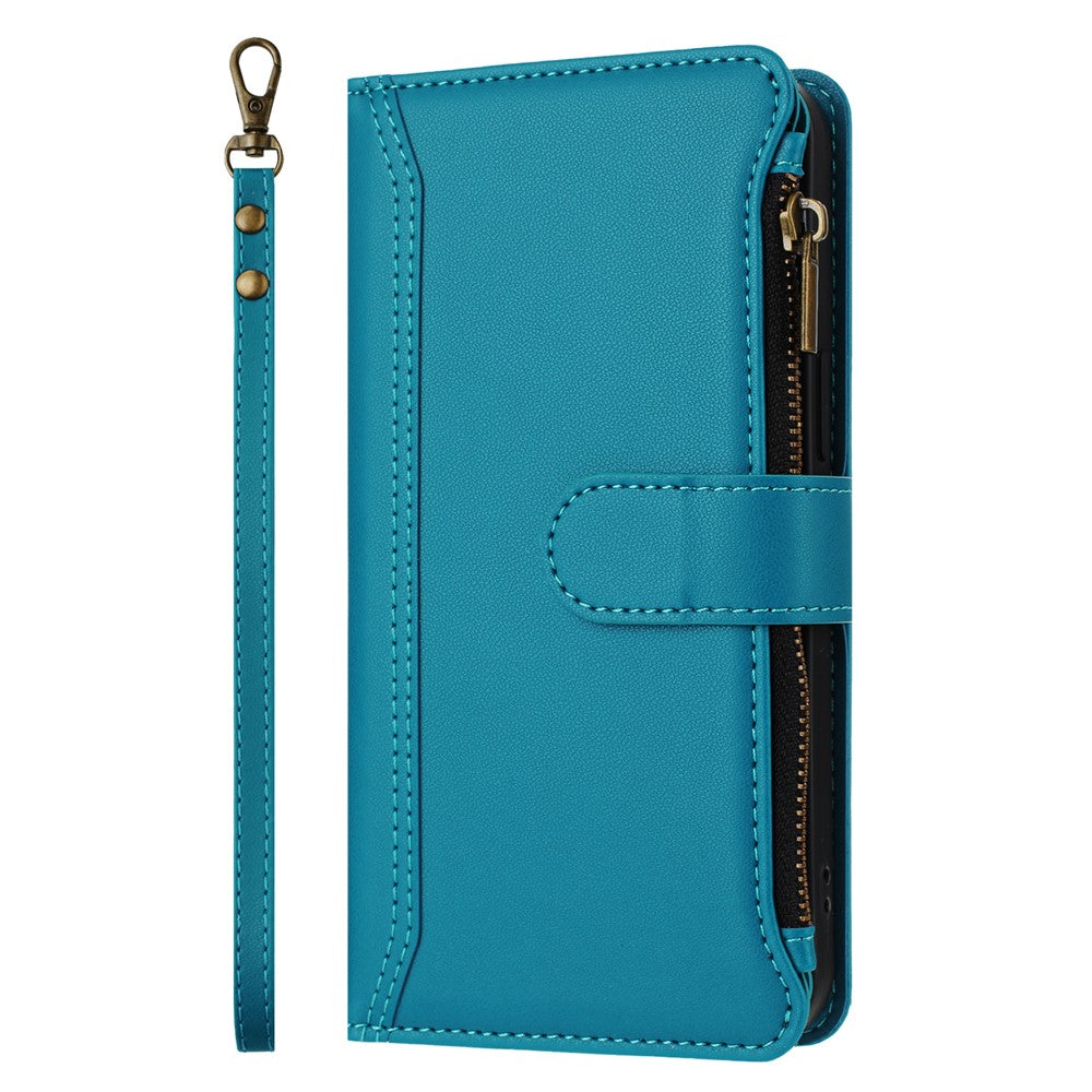 For iPhone 17 Pro Max Leather Case 9 Card Slots Zipper Wallet Stand Phone Cover with Wrist Strap - Lake Blue