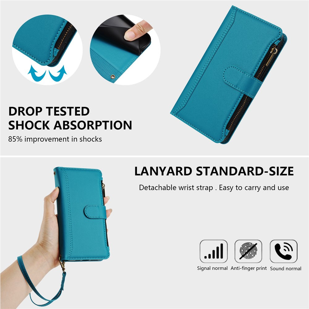 For iPhone 17 Pro Max Leather Case 9 Card Slots Zipper Wallet Stand Phone Cover with Wrist Strap - Lake Blue