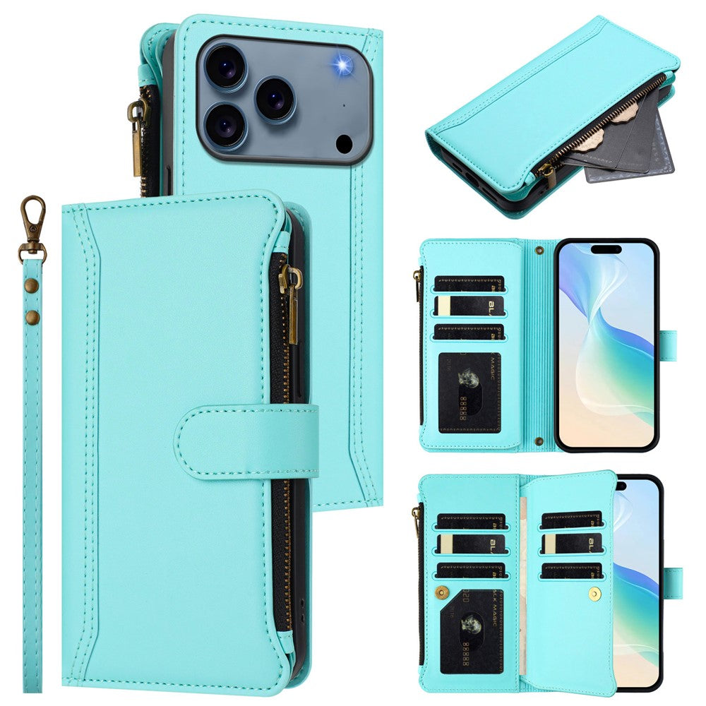For iPhone 17 Pro Max Leather Case 9 Card Slots Zipper Wallet Stand Phone Cover with Wrist Strap - Mint Green