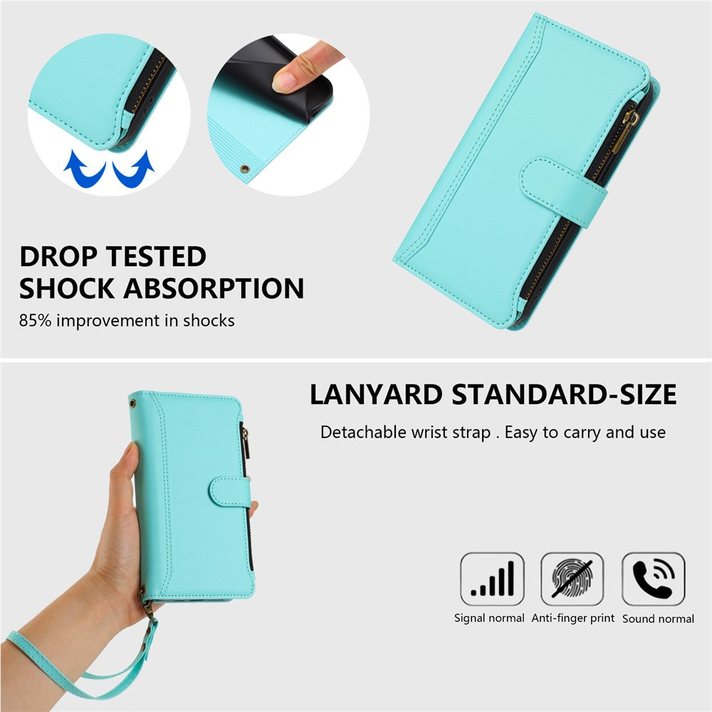 For iPhone 17 Pro Max Leather Case 9 Card Slots Zipper Wallet Stand Phone Cover with Wrist Strap - Mint Green