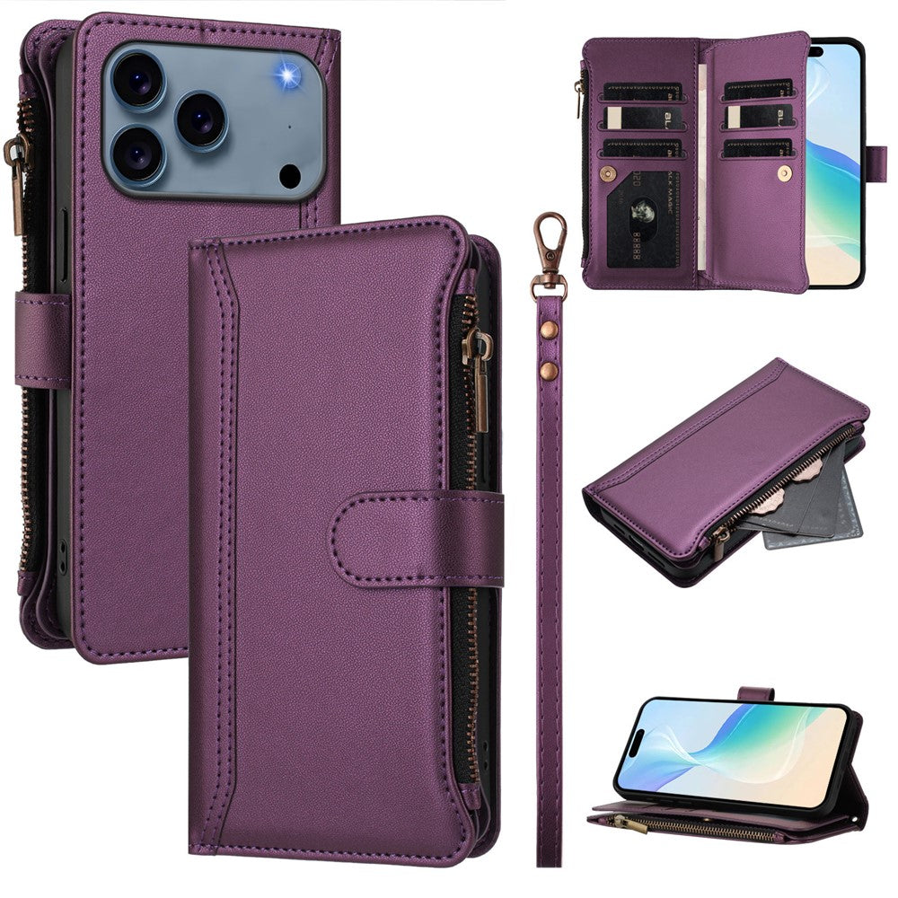 For iPhone 17 Pro Max Leather Case 9 Card Slots Zipper Wallet Stand Phone Cover with Wrist Strap - Purple