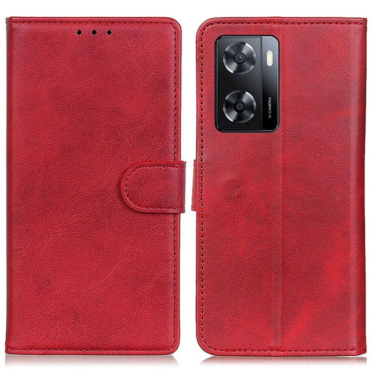 Phone Protective Case for Oppo A57 4G / A57s 4G, Cowhide Texture PU Leather Stand Wallet Cover Magnetic Clasp Shockproof Shell - Red