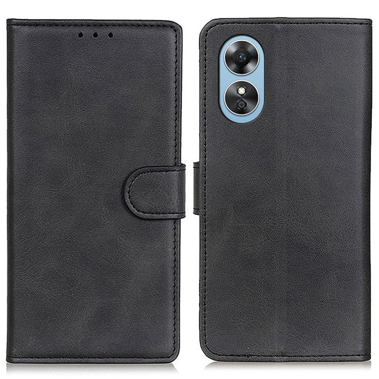 Phone Stand Wallet Case for Oppo A17 4G, Magnetic Clasp Cowhide Texture PU Leather Shockproof Cover - Black