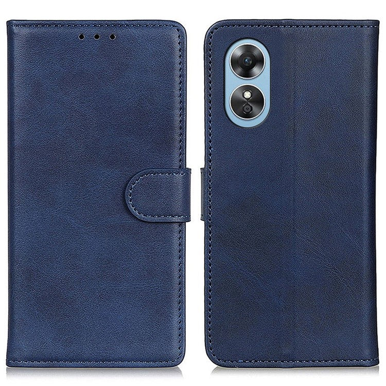 Phone Stand Wallet Case for Oppo A17 4G, Magnetic Clasp Cowhide Texture PU Leather Shockproof Cover - Blue