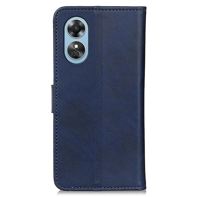 Phone Stand Wallet Case for Oppo A17 4G, Magnetic Clasp Cowhide Texture PU Leather Shockproof Cover - Blue