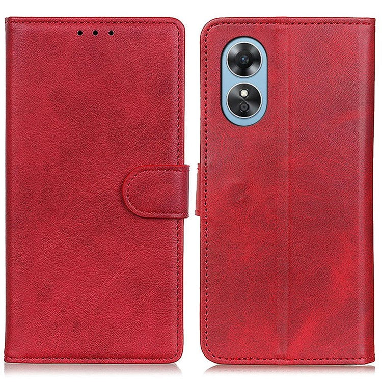 Phone Stand Wallet Case for Oppo A17 4G, Magnetic Clasp Cowhide Texture PU Leather Shockproof Cover - Red