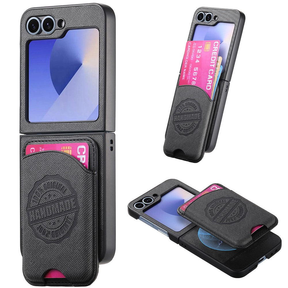For Samsung Galaxy Z Flip7 FE 5G / Z Flip6 5G Case with Card Bag Compatible with MagSafe Denim Texture Leather Back Cover - Black