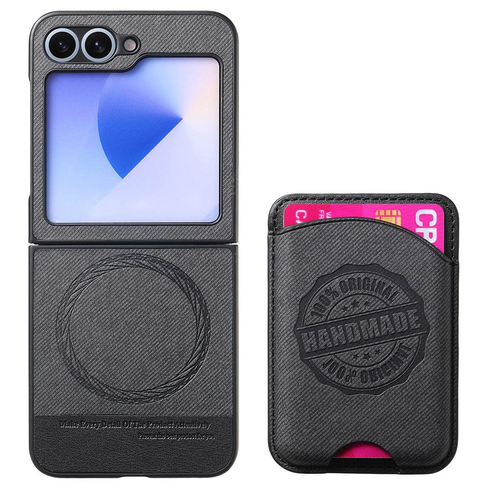 For Samsung Galaxy Z Flip7 FE 5G / Z Flip6 5G Case with Card Bag Compatible with MagSafe Denim Texture Leather Back Cover - Black