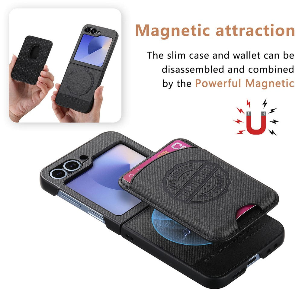 For Samsung Galaxy Z Flip7 FE 5G / Z Flip6 5G Case with Card Bag Compatible with MagSafe Denim Texture Leather Back Cover - Black