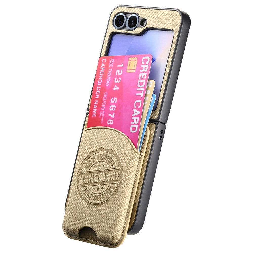 For Samsung Galaxy Z Flip7 FE 5G / Z Flip6 5G Case with Card Bag Compatible with MagSafe Denim Texture Leather Back Cover - Khaki