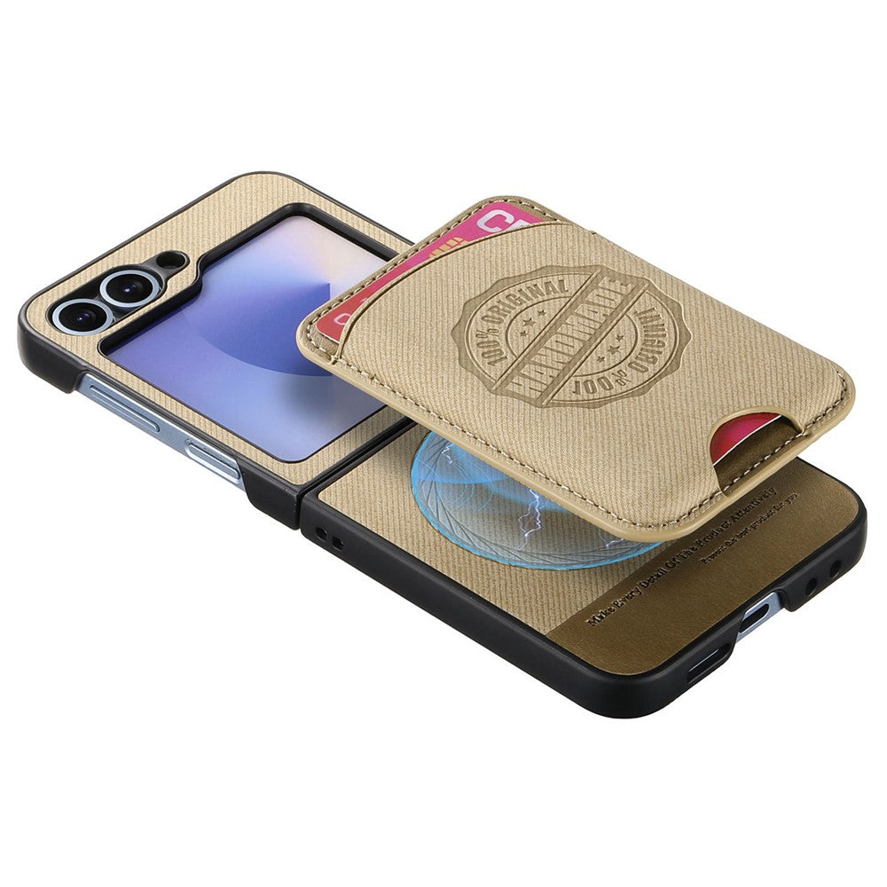 For Samsung Galaxy Z Flip7 FE 5G / Z Flip6 5G Case with Card Bag Compatible with MagSafe Denim Texture Leather Back Cover - Khaki