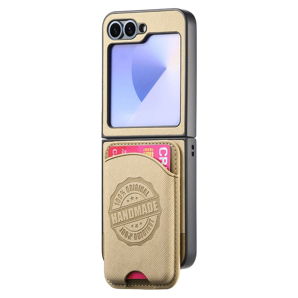 For Samsung Galaxy Z Flip7 FE 5G / Z Flip6 5G Case with Card Bag Compatible with MagSafe Denim Texture Leather Back Cover - Khaki
