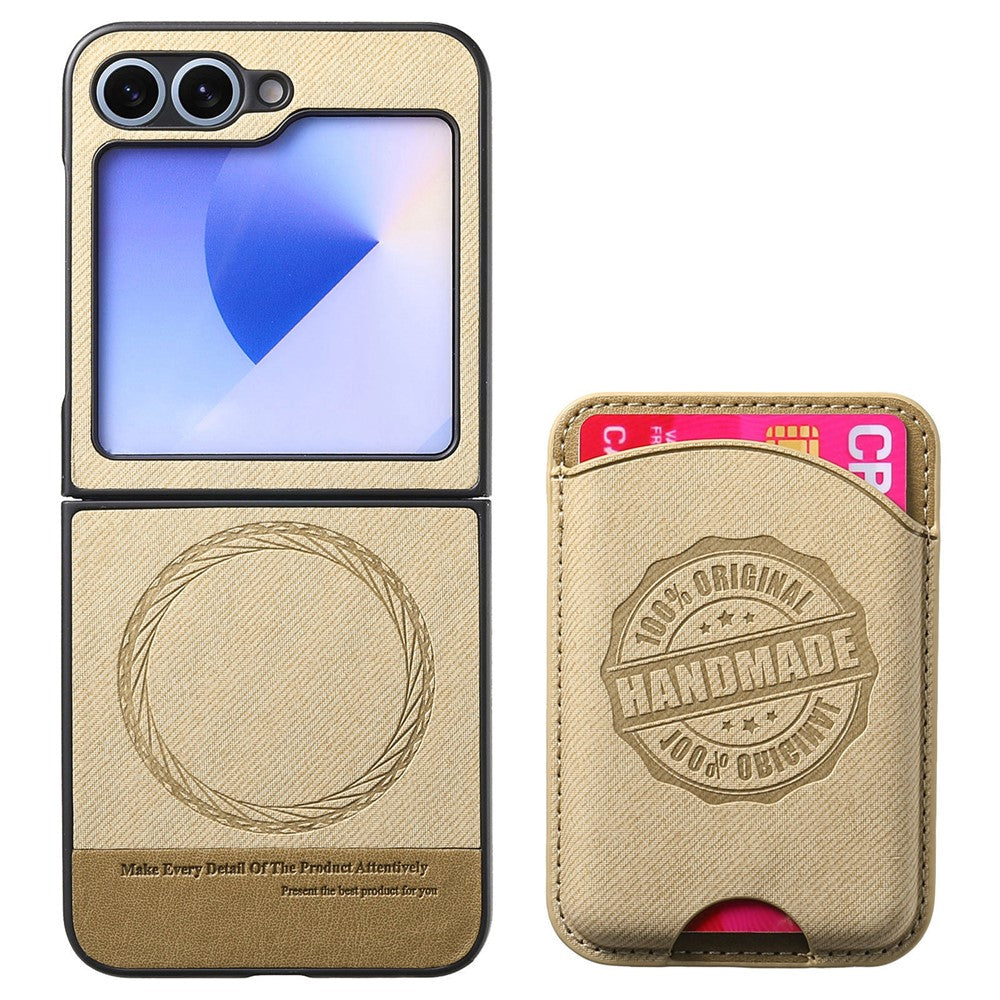 For Samsung Galaxy Z Flip7 FE 5G / Z Flip6 5G Case with Card Bag Compatible with MagSafe Denim Texture Leather Back Cover - Khaki