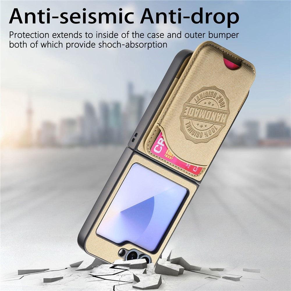 For Samsung Galaxy Z Flip7 FE 5G / Z Flip6 5G Case with Card Bag Compatible with MagSafe Denim Texture Leather Back Cover - Khaki