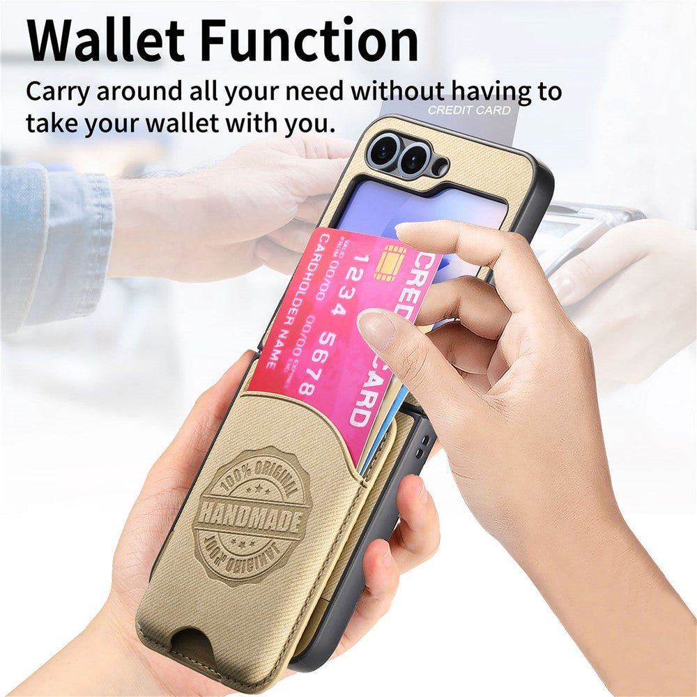 For Samsung Galaxy Z Flip7 FE 5G / Z Flip6 5G Case with Card Bag Compatible with MagSafe Denim Texture Leather Back Cover - Khaki