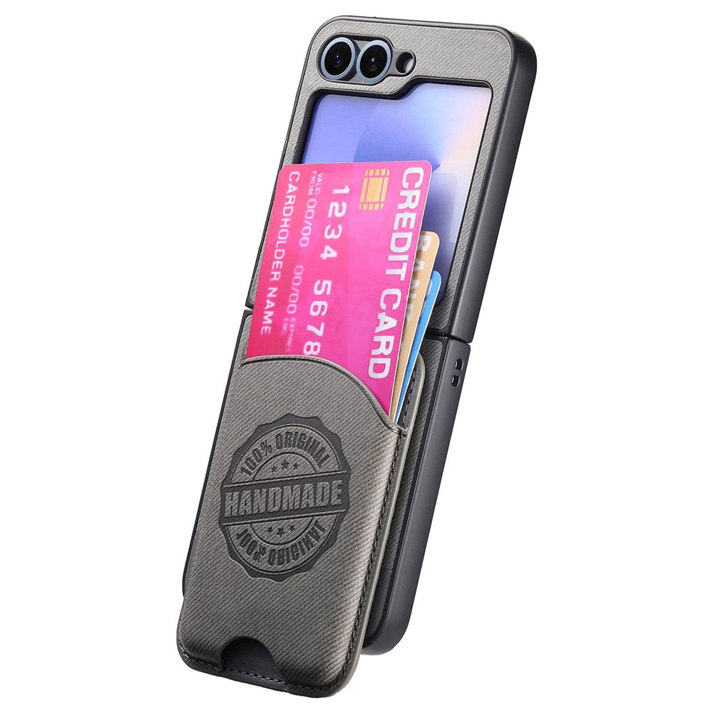 For Samsung Galaxy Z Flip7 FE 5G / Z Flip6 5G Case with Card Bag Compatible with MagSafe Denim Texture Leather Back Cover - Grey