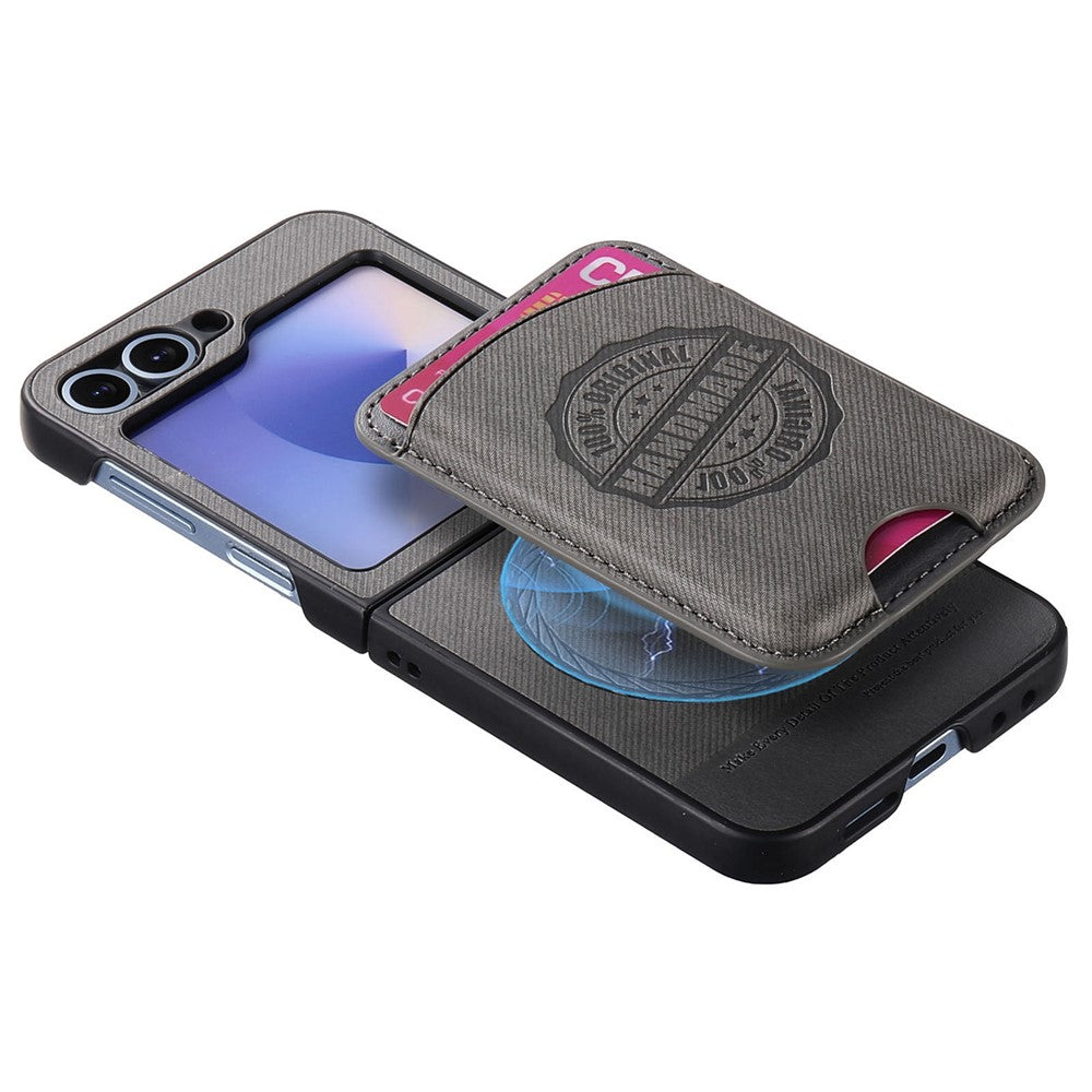 For Samsung Galaxy Z Flip7 FE 5G / Z Flip6 5G Case with Card Bag Compatible with MagSafe Denim Texture Leather Back Cover - Grey
