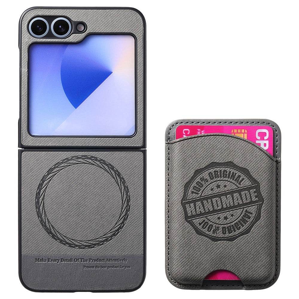For Samsung Galaxy Z Flip7 FE 5G / Z Flip6 5G Case with Card Bag Compatible with MagSafe Denim Texture Leather Back Cover - Grey
