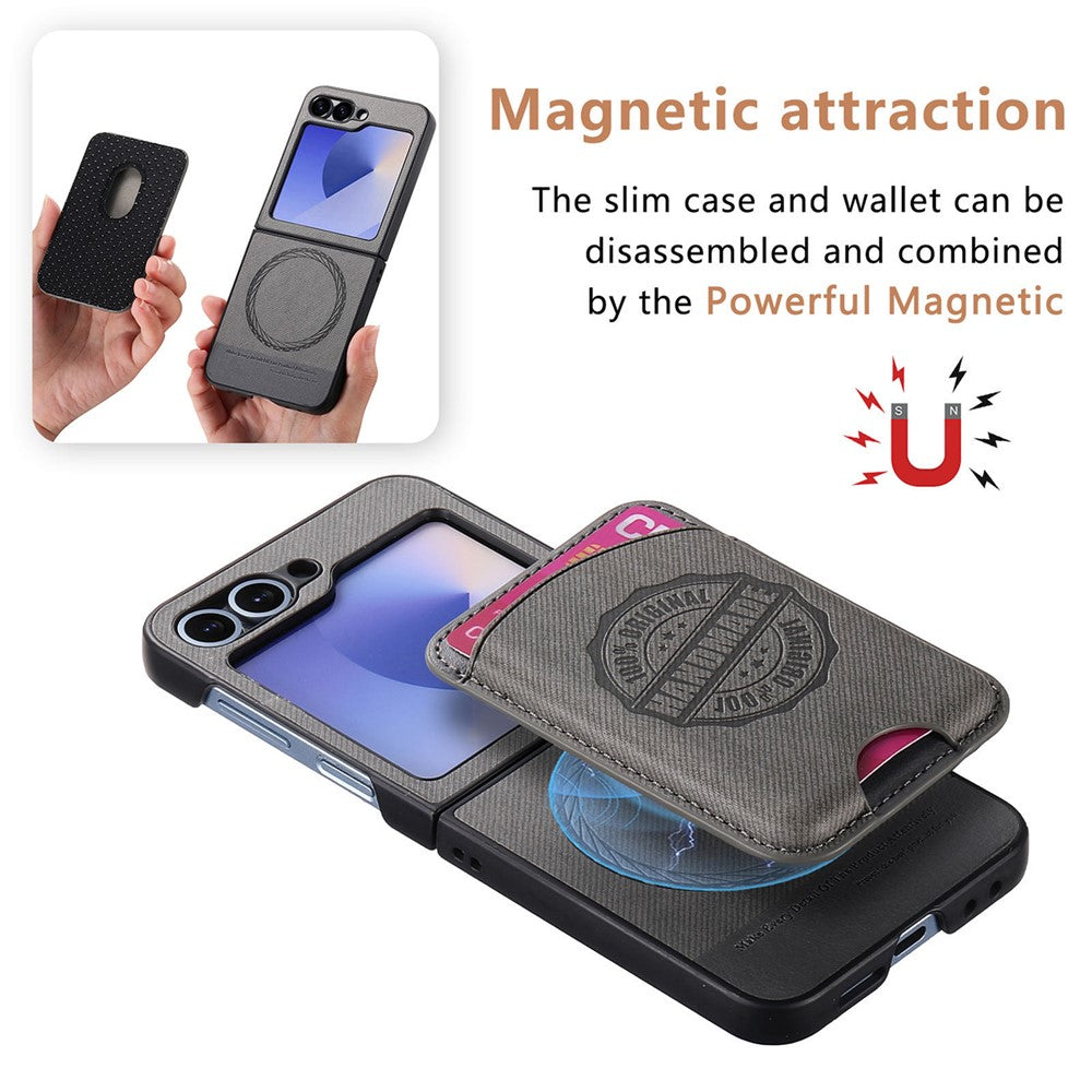 For Samsung Galaxy Z Flip7 FE 5G / Z Flip6 5G Case with Card Bag Compatible with MagSafe Denim Texture Leather Back Cover - Grey