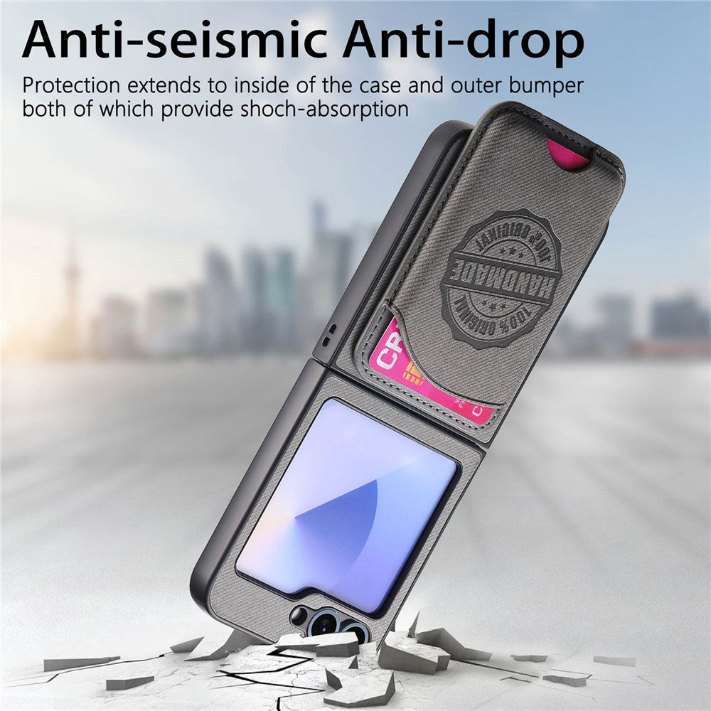 For Samsung Galaxy Z Flip7 FE 5G / Z Flip6 5G Case with Card Bag Compatible with MagSafe Denim Texture Leather Back Cover - Grey