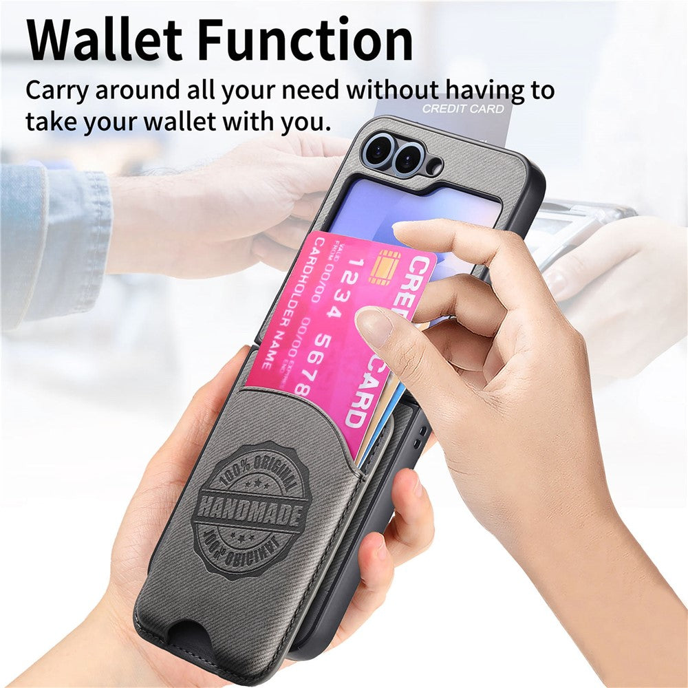 For Samsung Galaxy Z Flip7 FE 5G / Z Flip6 5G Case with Card Bag Compatible with MagSafe Denim Texture Leather Back Cover - Grey