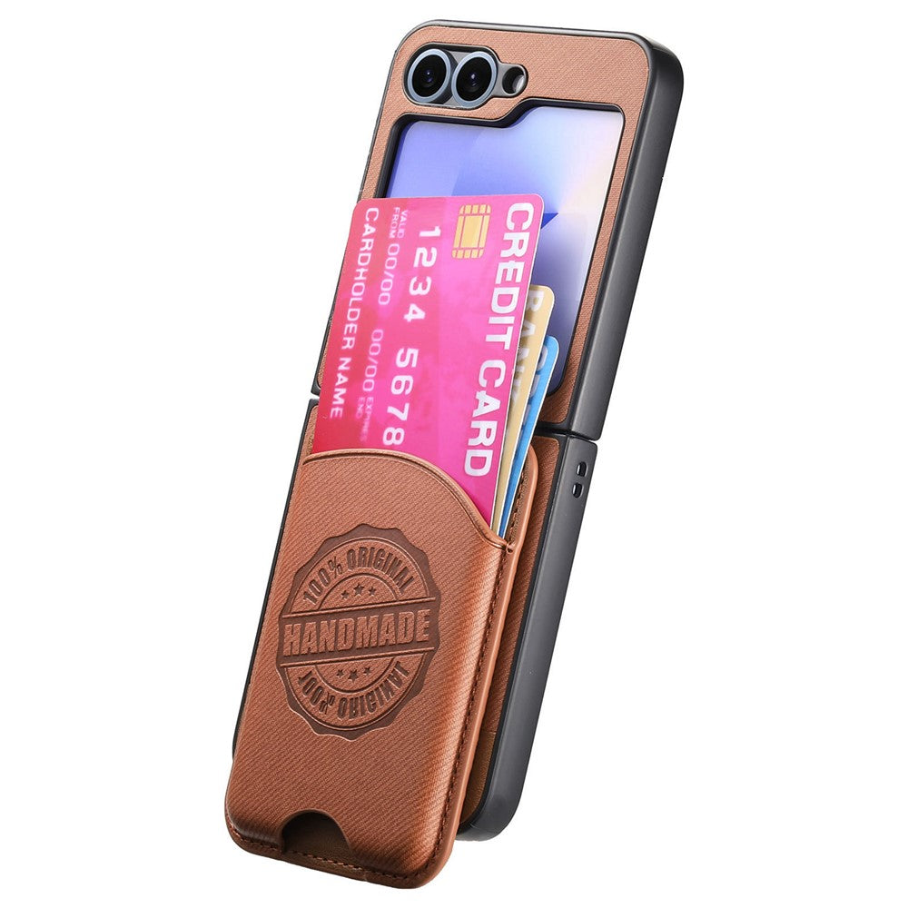 For Samsung Galaxy Z Flip7 FE 5G / Z Flip6 5G Case with Card Bag Compatible with MagSafe Denim Texture Leather Back Cover - Brown