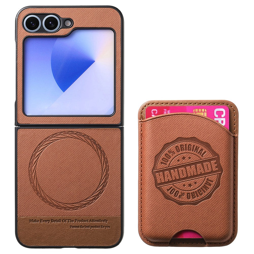 For Samsung Galaxy Z Flip7 FE 5G / Z Flip6 5G Case with Card Bag Compatible with MagSafe Denim Texture Leather Back Cover - Brown