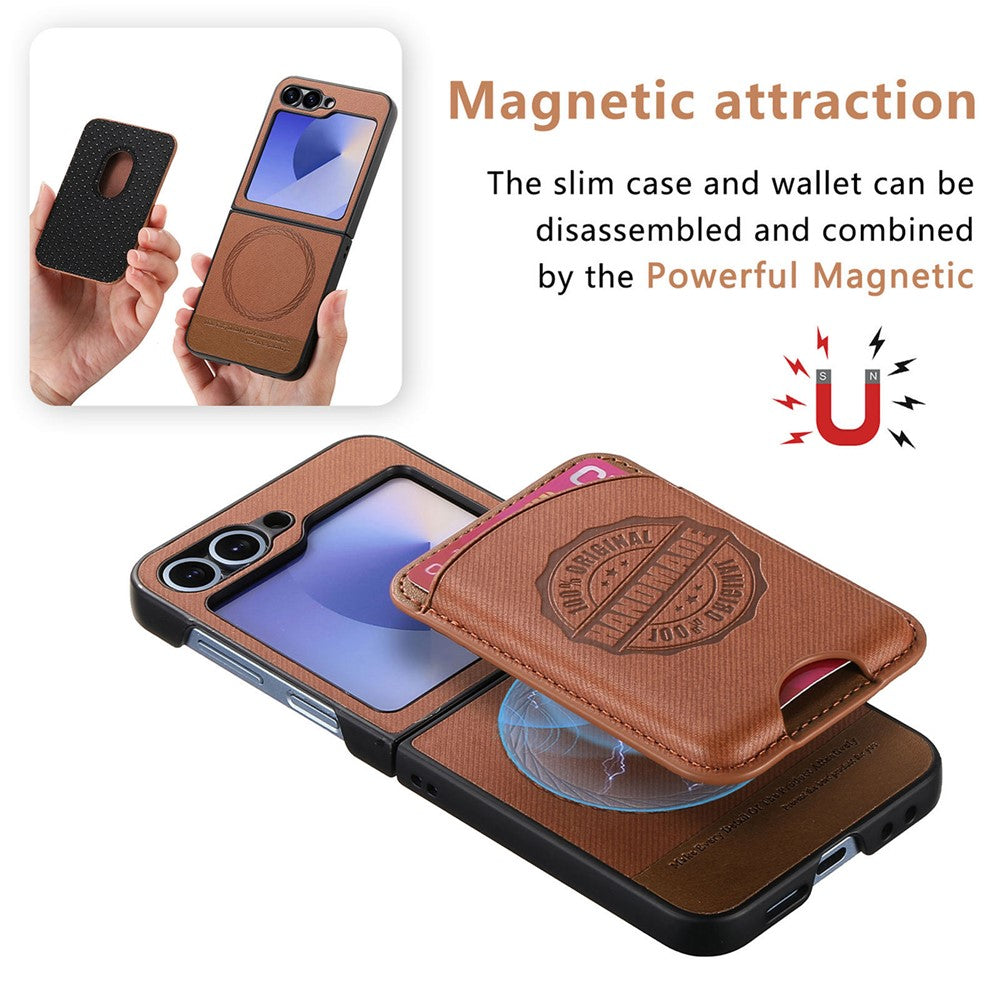 For Samsung Galaxy Z Flip7 FE 5G / Z Flip6 5G Case with Card Bag Compatible with MagSafe Denim Texture Leather Back Cover - Brown