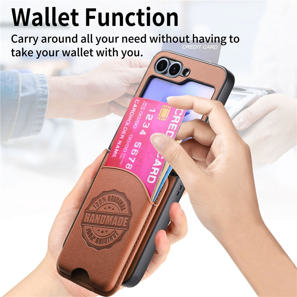 For Samsung Galaxy Z Flip7 FE 5G / Z Flip6 5G Case with Card Bag Compatible with MagSafe Denim Texture Leather Back Cover - Brown