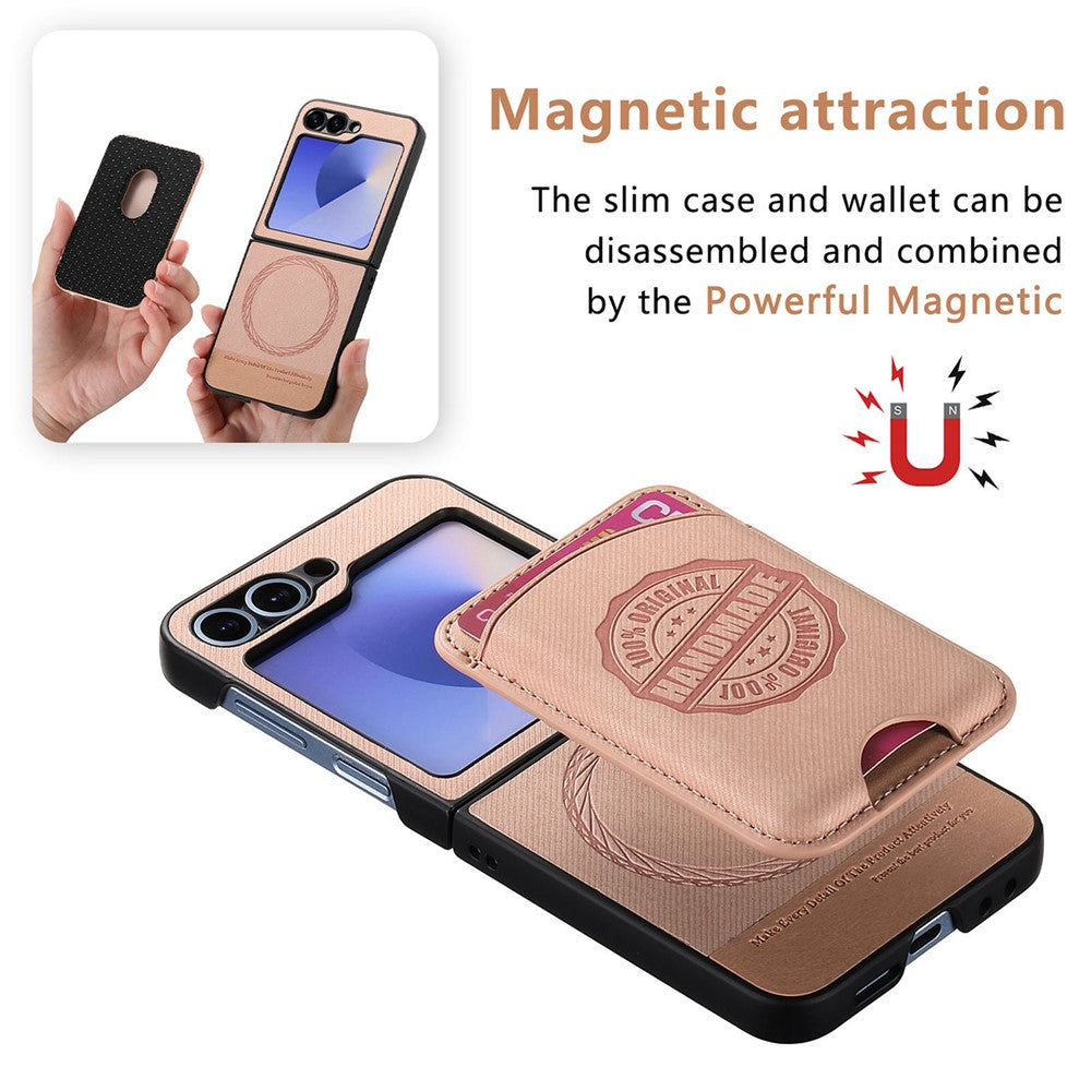 For Samsung Galaxy Z Flip7 FE 5G / Z Flip6 5G Case with Card Bag Compatible with MagSafe Denim Texture Leather Back Cover - Pink