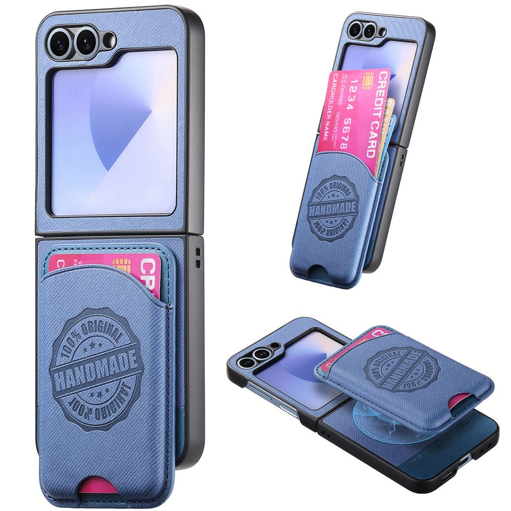 For Samsung Galaxy Z Flip7 FE 5G / Z Flip6 5G Case with Card Bag Compatible with MagSafe Denim Texture Leather Back Cover - Blue