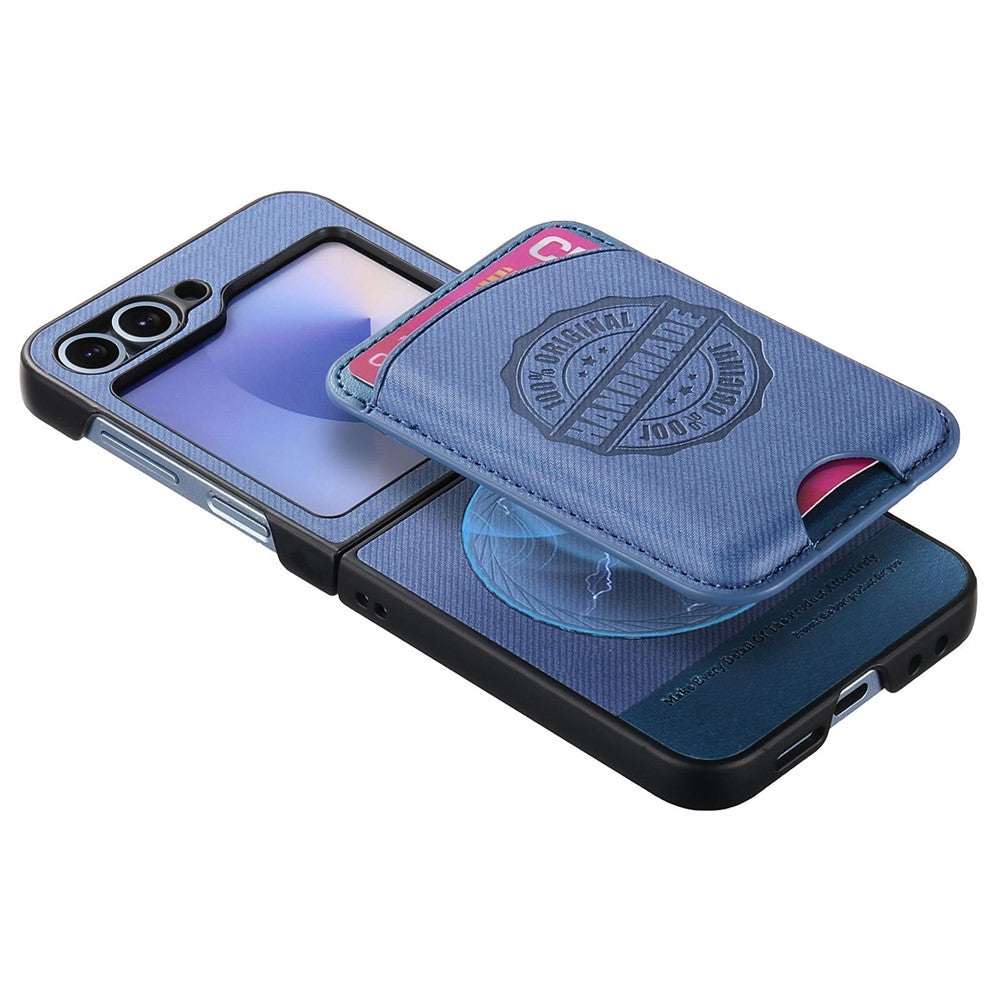For Samsung Galaxy Z Flip7 FE 5G / Z Flip6 5G Case with Card Bag Compatible with MagSafe Denim Texture Leather Back Cover - Blue