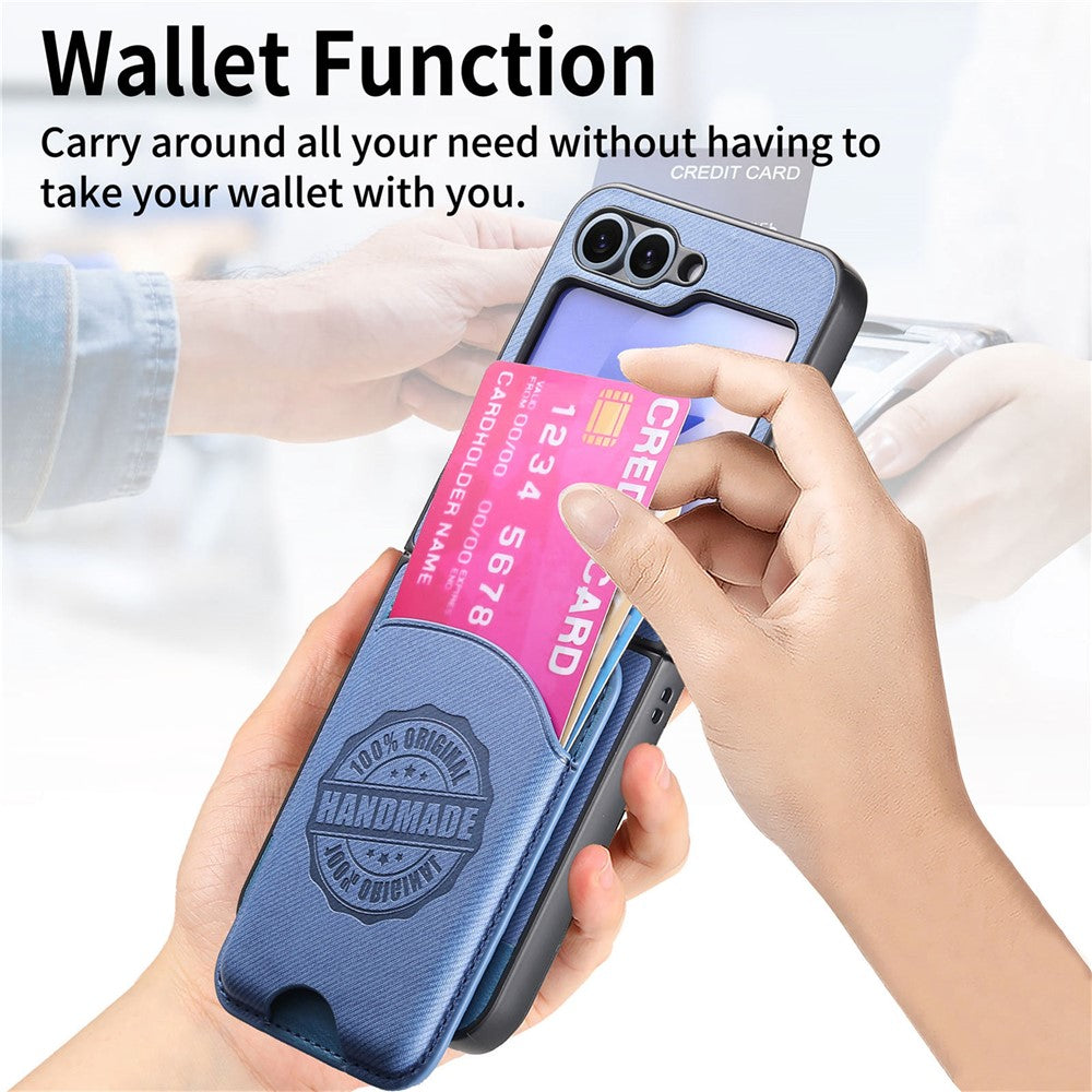 For Samsung Galaxy Z Flip7 FE 5G / Z Flip6 5G Case with Card Bag Compatible with MagSafe Denim Texture Leather Back Cover - Blue