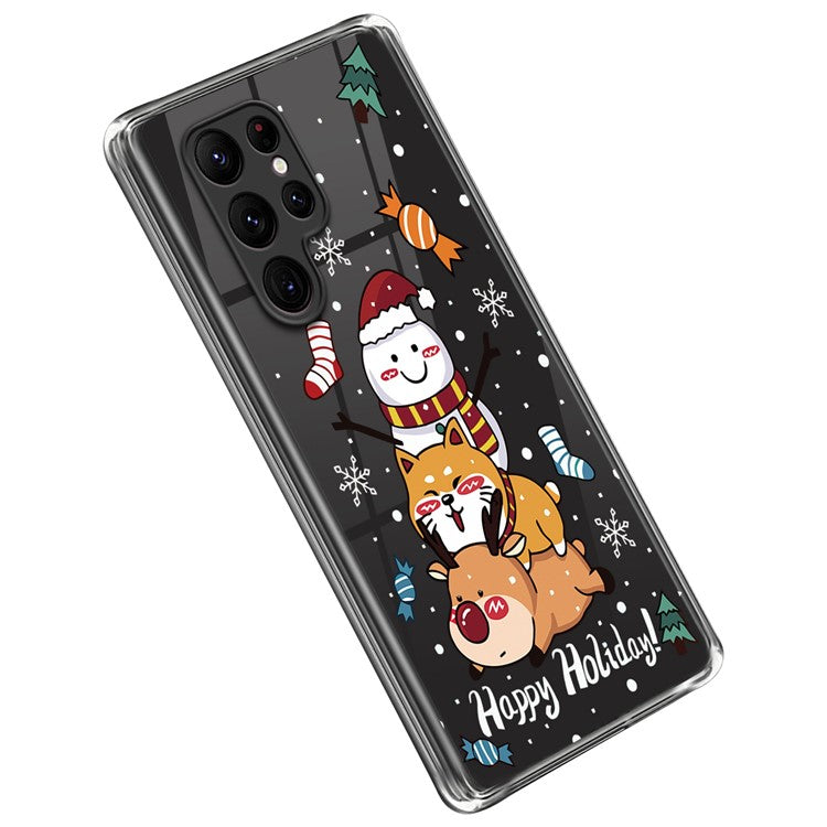 For Samsung Galaxy S23 Ultra Christmas Element Pattern Printing Case Soft TPU Scratch-Resistant Transparent Cover - Shiba Inu Snowman Deer