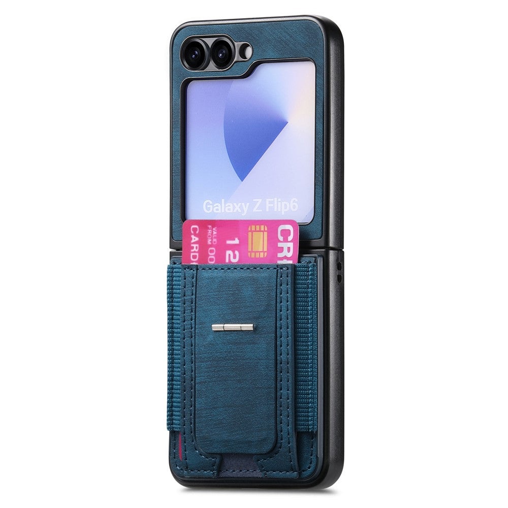 For Samsung Galaxy Z Flip7 FE 5G / Z Flip6 5G Case Kickstand Retro Leather Back Cover with Card Holder - Blue