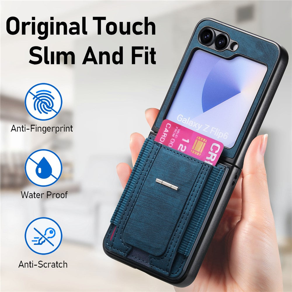 For Samsung Galaxy Z Flip7 FE 5G / Z Flip6 5G Case Kickstand Retro Leather Back Cover with Card Holder - Blue
