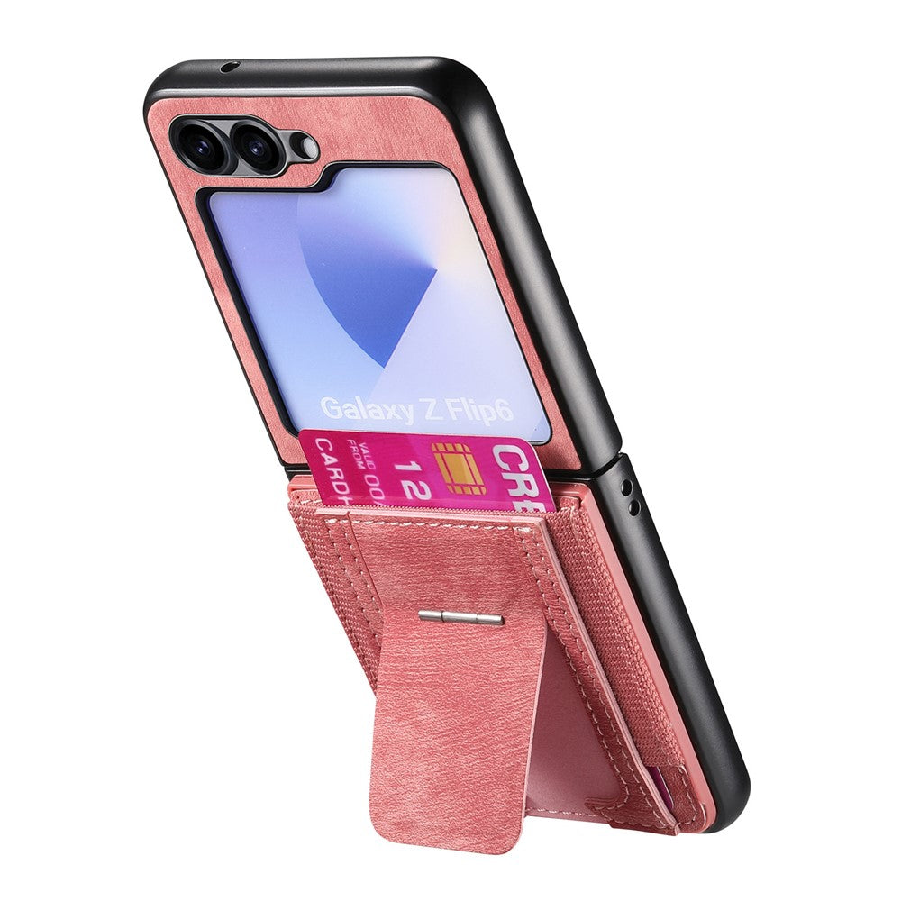 For Samsung Galaxy Z Flip7 FE 5G / Z Flip6 5G Case Kickstand Retro Leather Back Cover with Card Holder - Pink