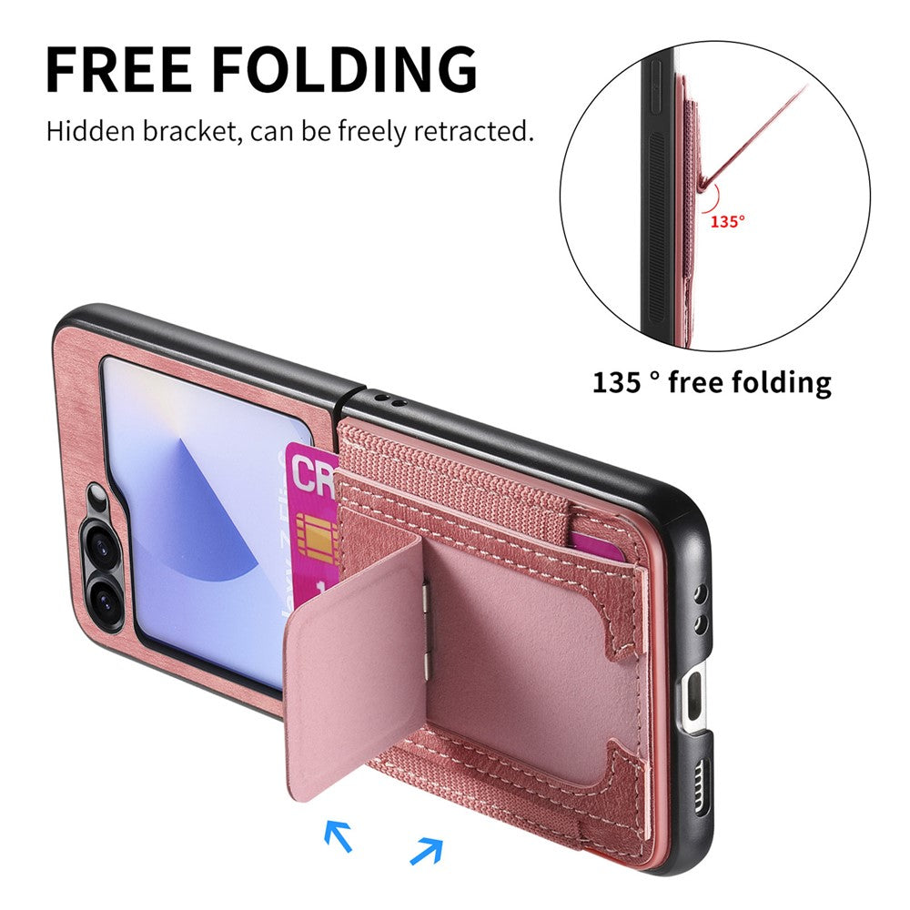For Samsung Galaxy Z Flip7 FE 5G / Z Flip6 5G Case Kickstand Retro Leather Back Cover with Card Holder - Pink