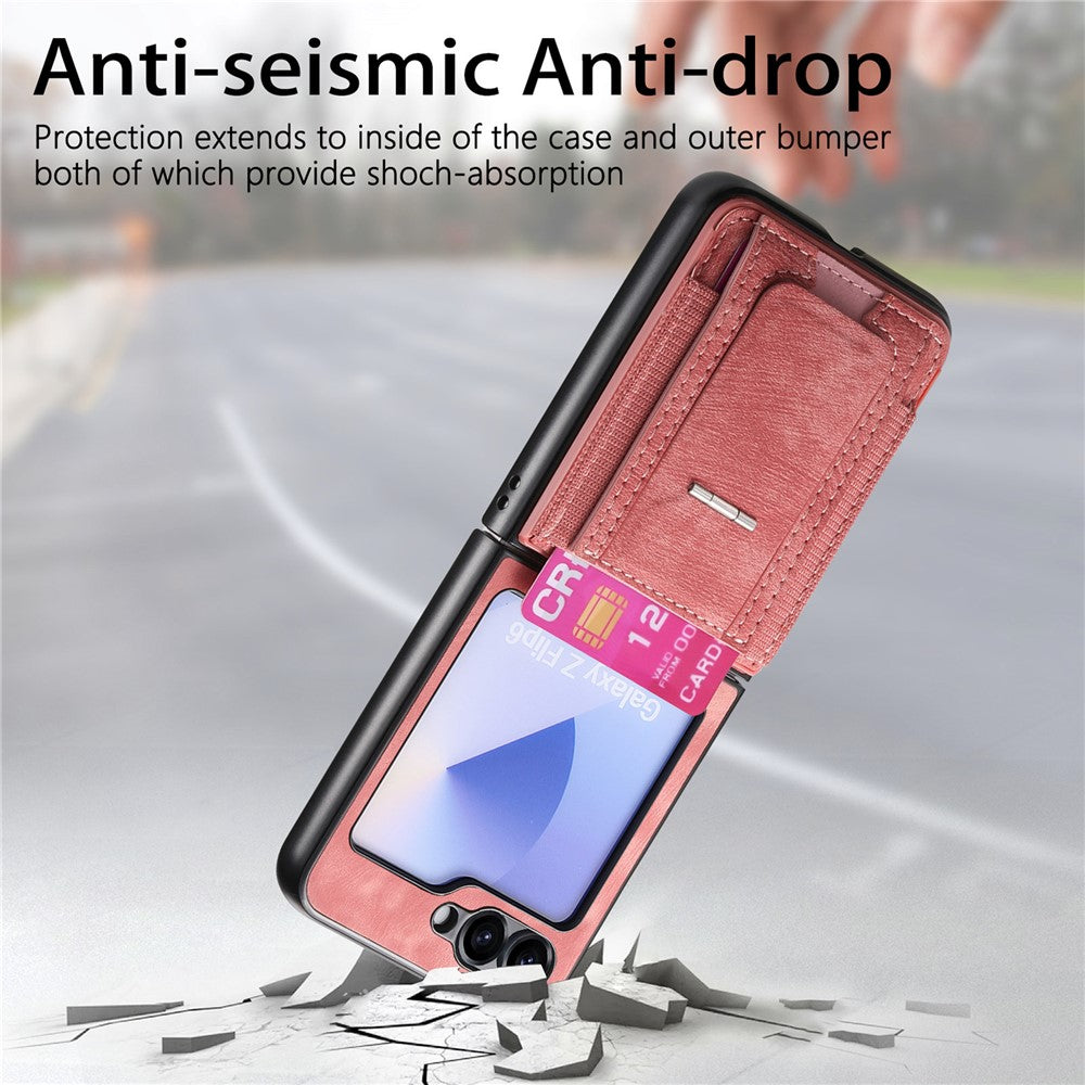 For Samsung Galaxy Z Flip7 FE 5G / Z Flip6 5G Case Kickstand Retro Leather Back Cover with Card Holder - Pink