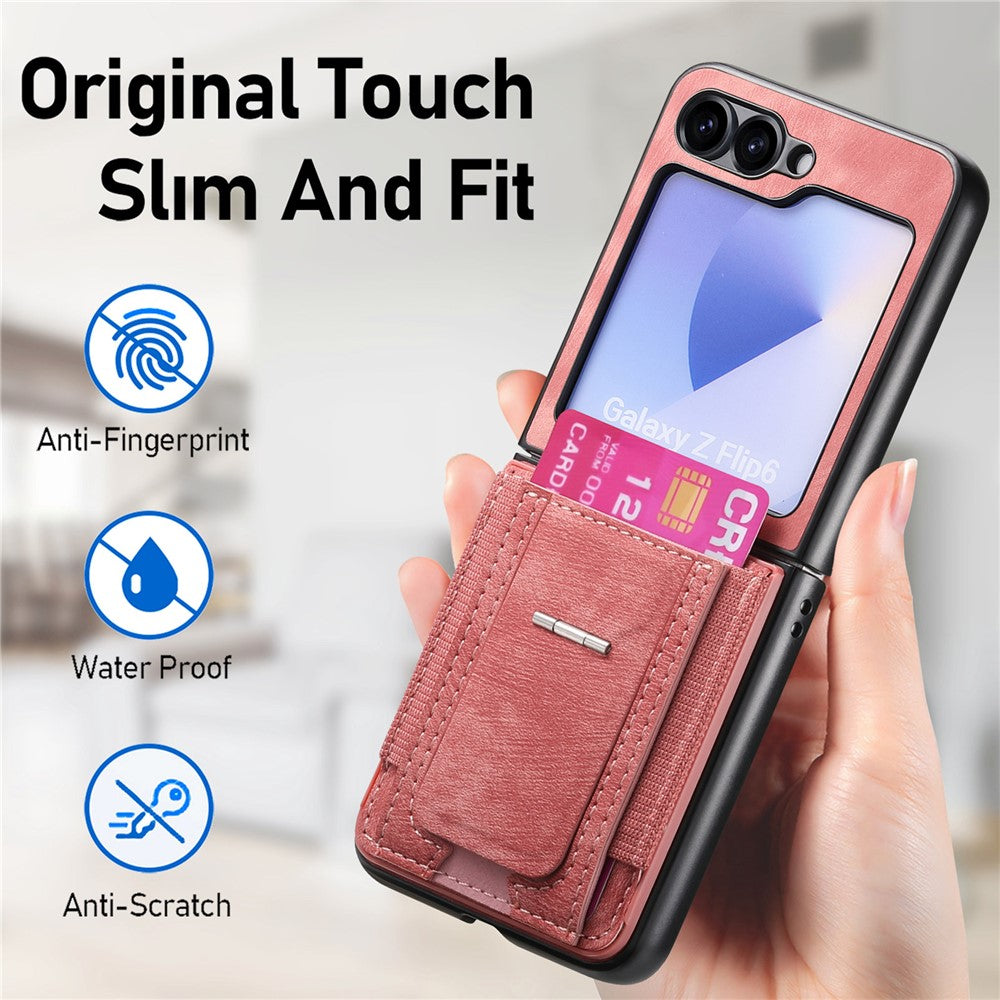 For Samsung Galaxy Z Flip7 FE 5G / Z Flip6 5G Case Kickstand Retro Leather Back Cover with Card Holder - Pink