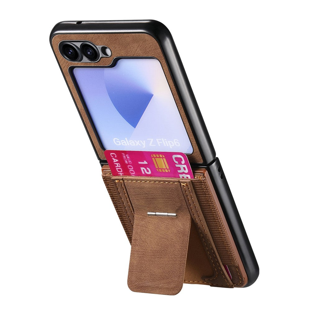 For Samsung Galaxy Z Flip7 FE 5G / Z Flip6 5G Case Kickstand Retro Leather Back Cover with Card Holder - Brown