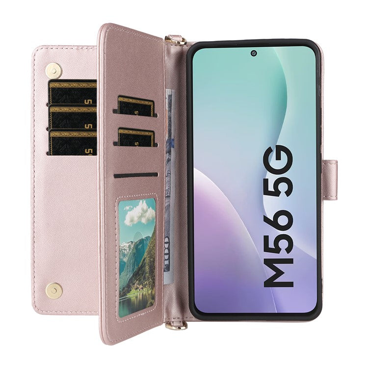 For Samsung Galaxy M56 5G Case with Shoulder / Wrist Strap Leather Phone Cover Stand Wallet - Pink